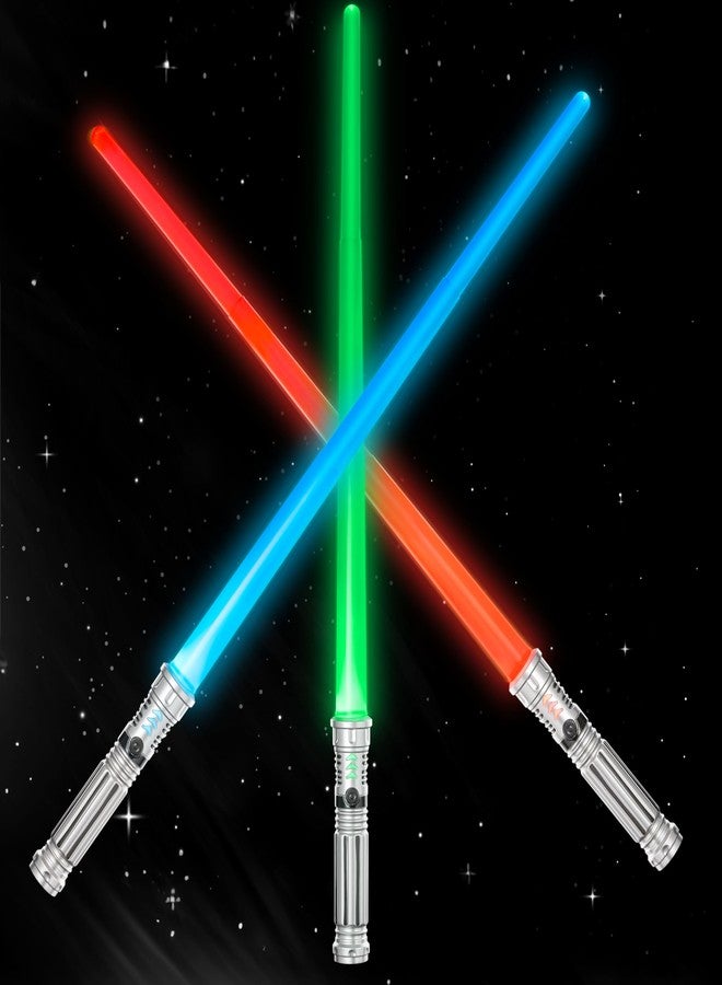 SYNCFUN 3 Pack 7 Colors Light Up Swords for Kids, Dual Extendable LED Swords Set with FX Sound (Motion Sensitive) and Sliver Handle for Fighters and Warriors, Halloween Birthday Party Gift for Boys - Image 1